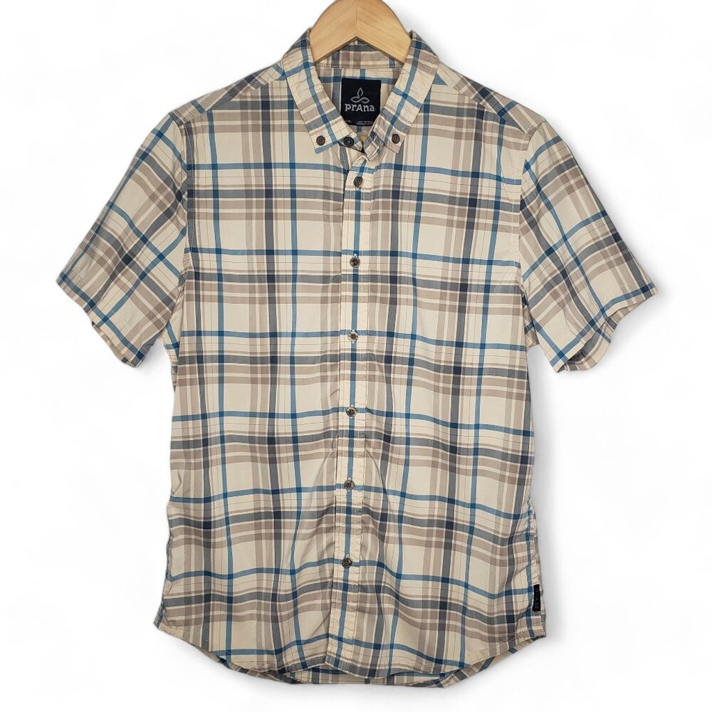 Prana Granger Taper Fit Plaid Button Up Shirt Men's Tan Performance Stretch S